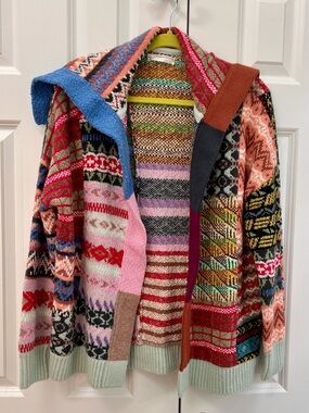 Anthropologie Multicolor Patchwork Knit Shawl Collar Cardigan Sweater